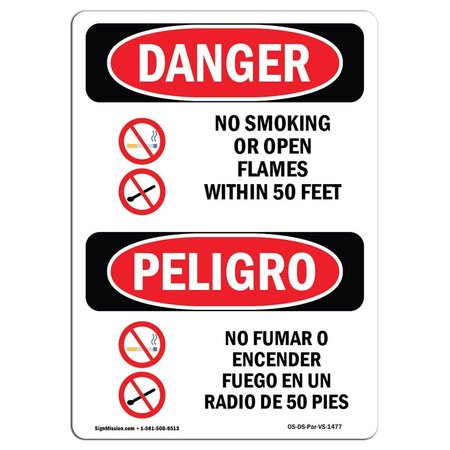 SIGNMISSION Safety Sign, OSHA Danger, 24" Height, Aluminum, No Smoking Or Open Flames 50 Feet Spanish OS-DS-A-1824-VS-1477